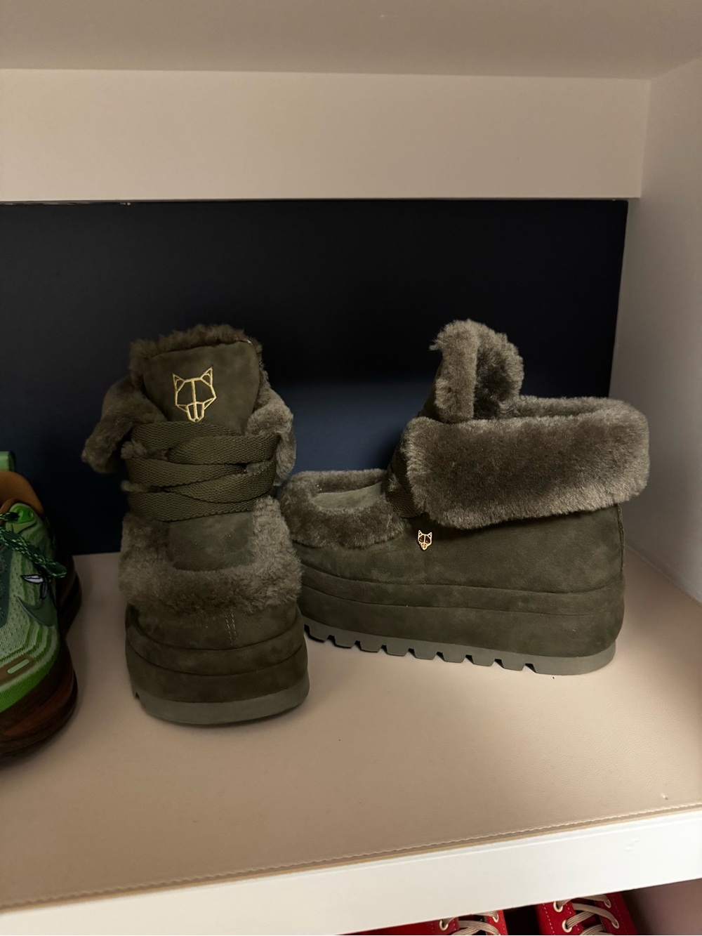 Naked Wolfe Olive Suede Faux-Fur Platform Ankle Boots